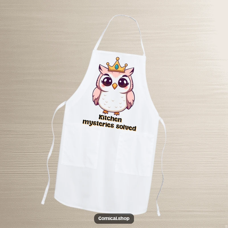Funny Owl Crown Apron featuring a giggling owl wearing a small crown, peering curiously, perfect for cooking.