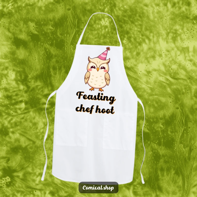 Funny apron displaying a cheerful owl wearing a party hat, hooting happily, perfect for festive kitchen adventures.