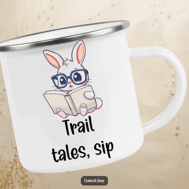 Funny camping mug featuring a cute bunny in glasses, absorbed in reading a huge book, for enjoying beverages outdoors.