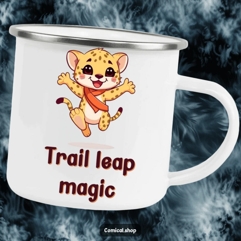 Funny happy cheetah cub wearing a sash, performing a graceful leap, on a sturdy camping mug, for joyful adventures, a funny gift.