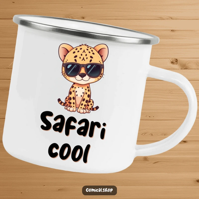 Funny kawaii cheetah wearing sunglasses, posing coolly on a camping mug, perfect for outdoor enjoyment.