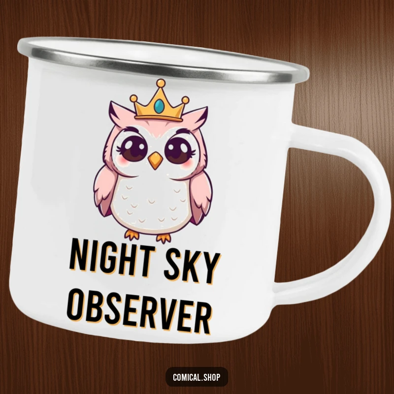 Funny Owl Crown Camping Mug featuring a giggling owl wearing a small crown, peering curiously, for outdoor use.
