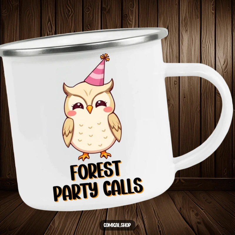 Funny camping mug featuring a cheerful owl in a party hat, hooting happily, perfect for outdoor celebrations.
