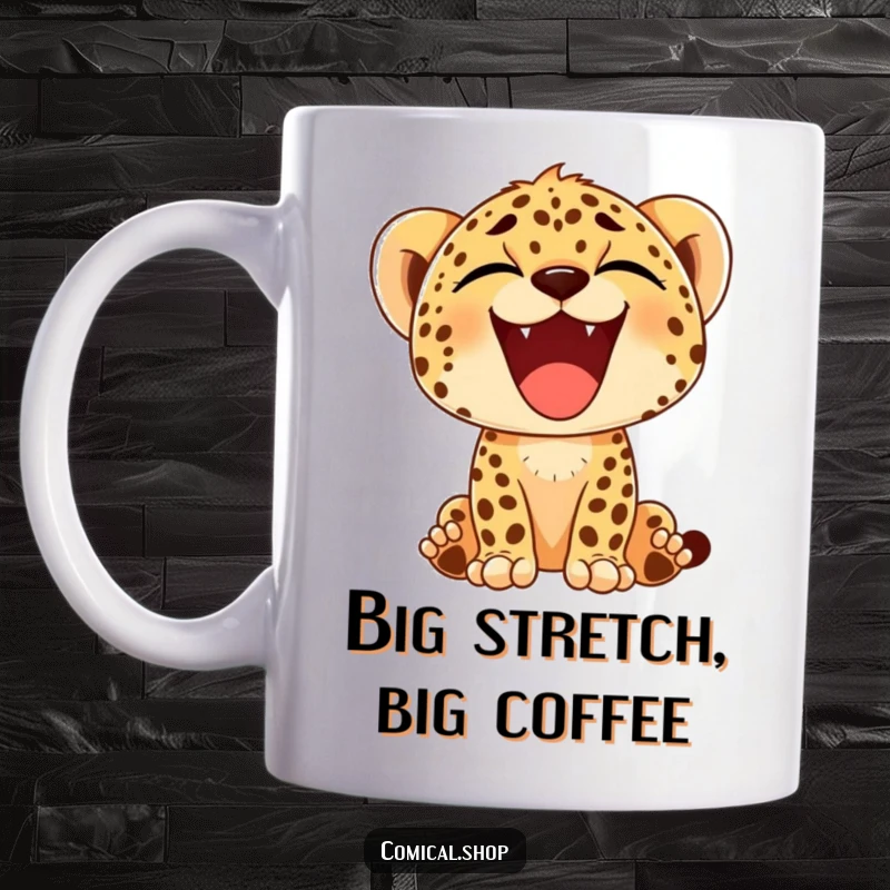 Funny mug featuring a cute cheetah cub yawning a huge, happy smile, radiating morning cheer and playful laziness.