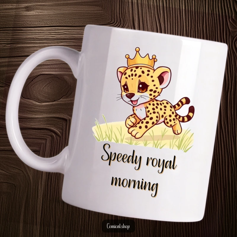 Funny cheetah cub wearing a crown, playfully zooming across a green field, captured on a durable mug for a hilarious gift.