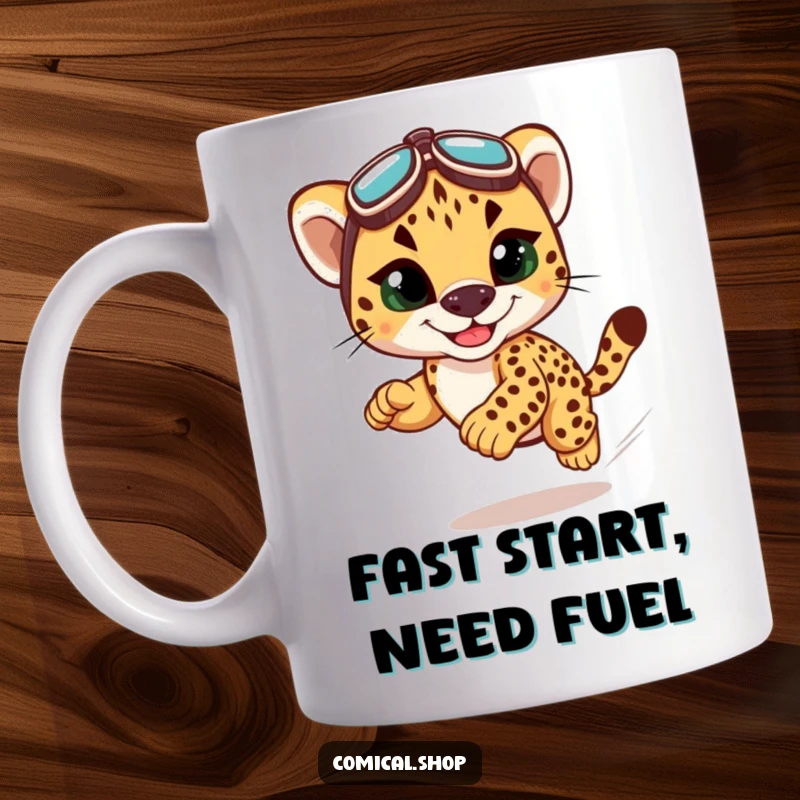 Funny cheetah cub mug with tiny racing goggles, speeding with a grin, embodying speed and playful energy.
