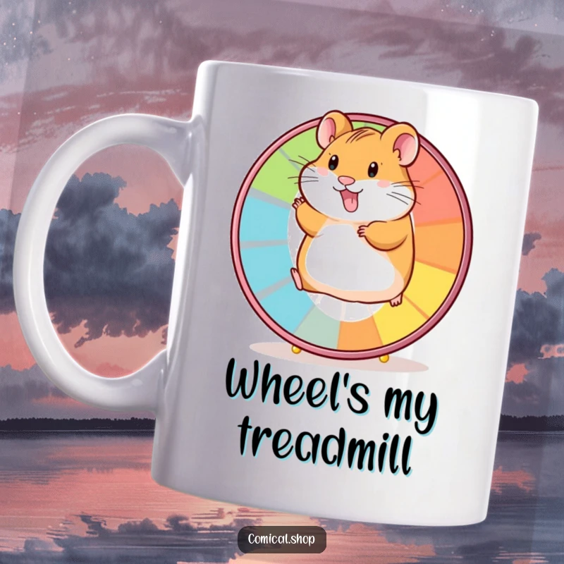 Funny mug showing a joyful hamster sprinting on a vibrant, multi-colored wheel with great enthusiasm.