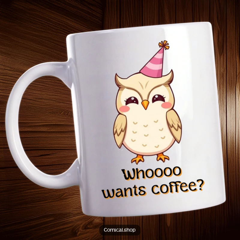 Funny mug with a cheerful owl wearing a small party hat, happily hooting, exuding festive delight.