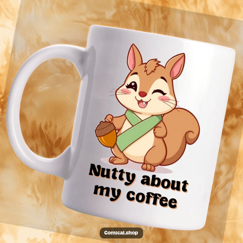 Funny Squirrel Sash Mug featuring a cheerful squirrel wearing a sash, holding a shiny acorn, looking proud and happy.