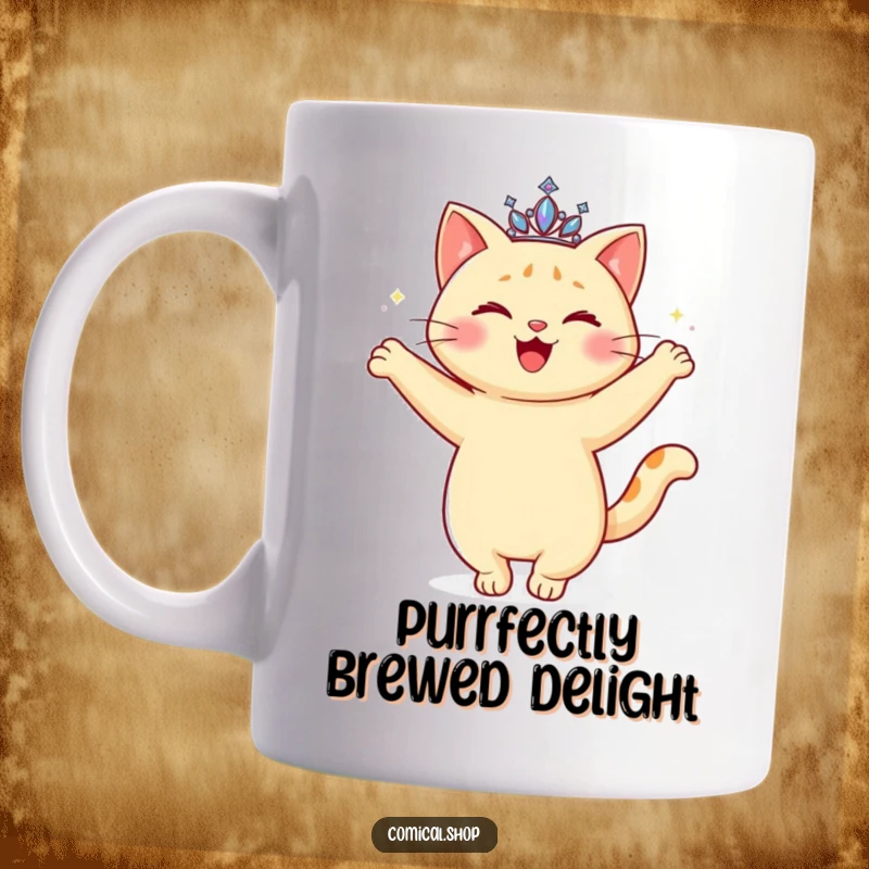 Funny Twirling Cat Mug featuring a happy cat with a sparkling tiara, doing a graceful twirl, looking elegant and joyful.