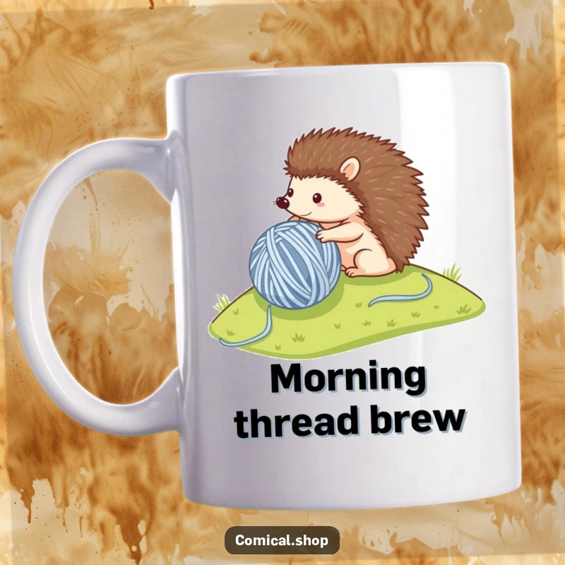 Funny mug showing a small hedgehog energetically rolling a huge ball of yarn down a slope, full of playful determination.