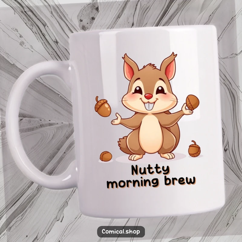 Funny mug showing a mischievous squirrel with a big grin, skillfully juggling acorns, full of playful energy.