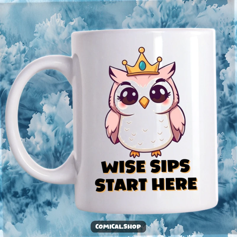 Funny Owl Crown Mug featuring a giggling owl wearing a small crown, peering curiously, looking wise and amused.