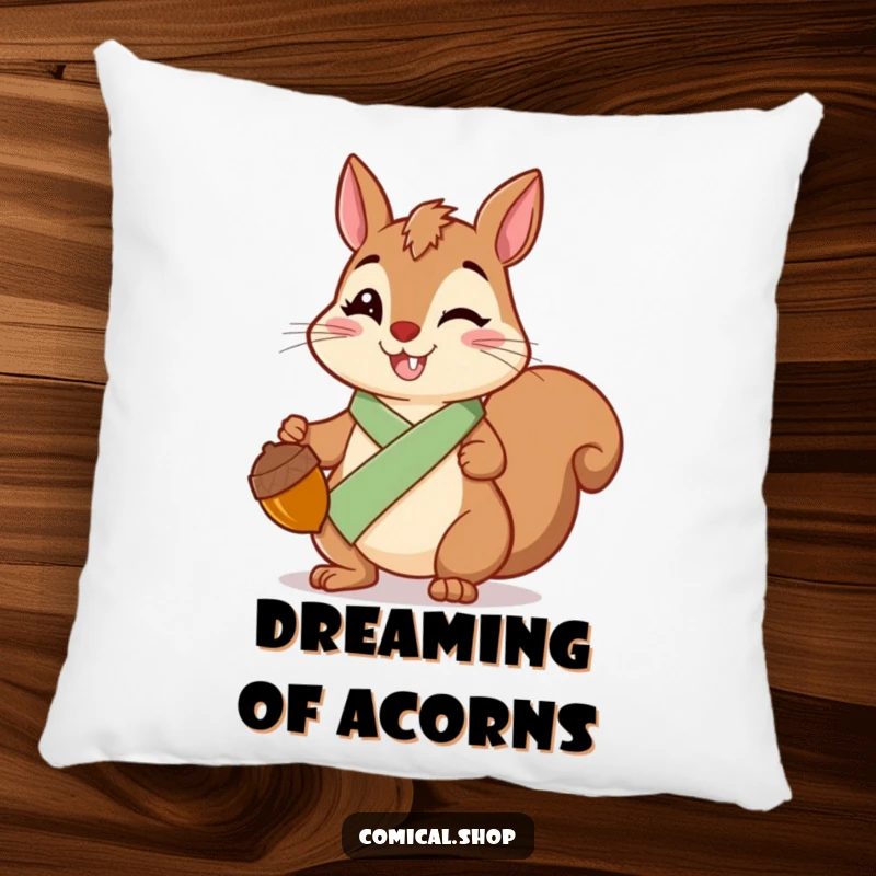 Funny Squirrel Sash Pillow featuring a cheerful squirrel wearing a sash, holding a shiny acorn, ideal for comfort.