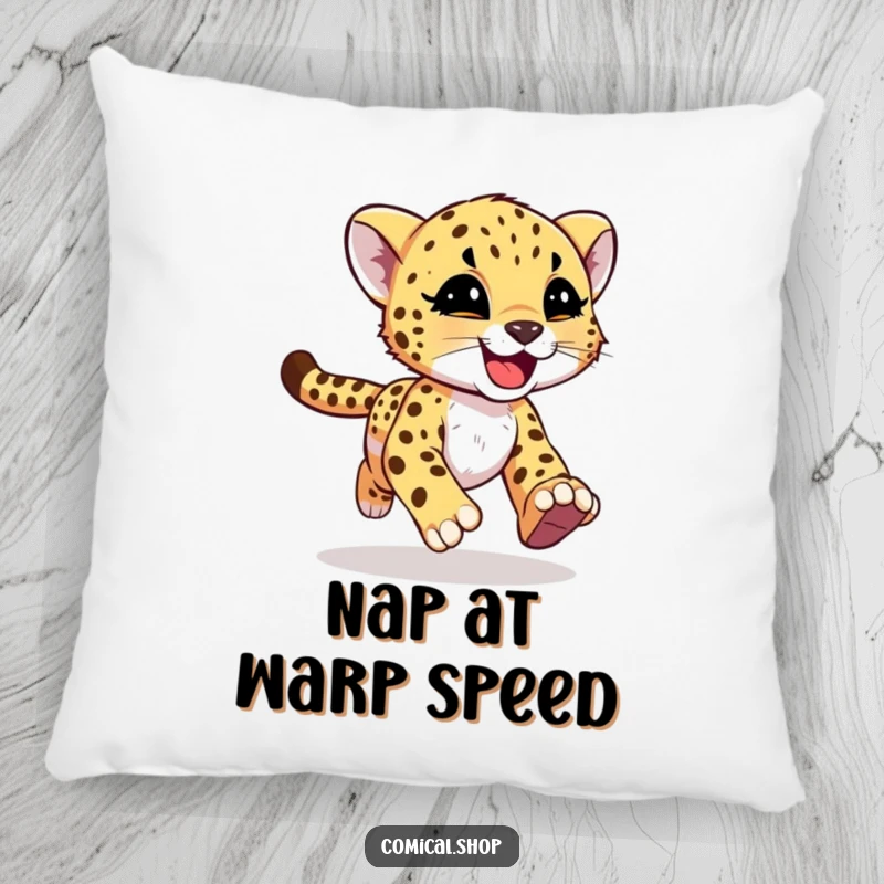 Funny cheetah cub with joyful motion streaks on a plush pillow, embodying playful speed for screen readers.
