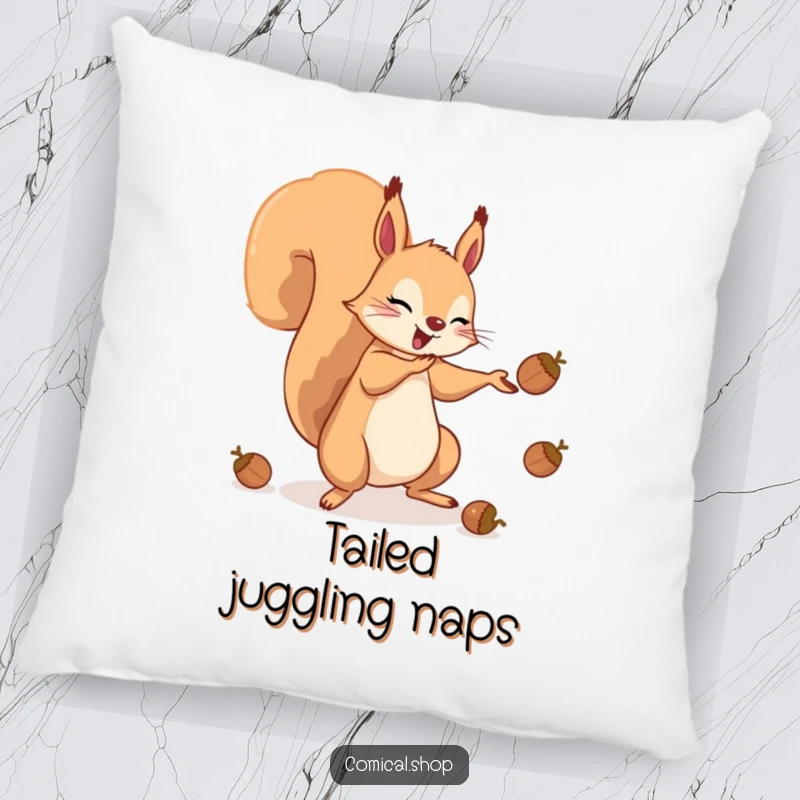 Funny pillow with a cheerful squirrel balancing and juggling acorns using its tail, bringing cozy amusement.