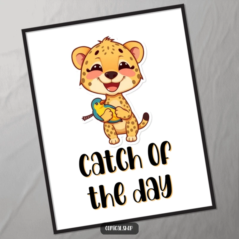 Funny cheetah digital art print of a smiling cheetah carrying a small, colorful bird, ready for instant download and display.