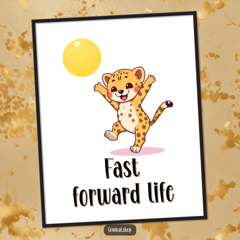 Funny cheetah cub digital art print, captured mid-cartwheel under a bright sun, radiating pure athletic joy and happiness for instant decor.
