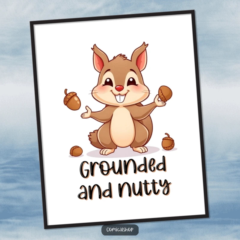 Funny digital art print of a grinning squirrel skillfully juggling acorns, for instant wall decor with playful energy.