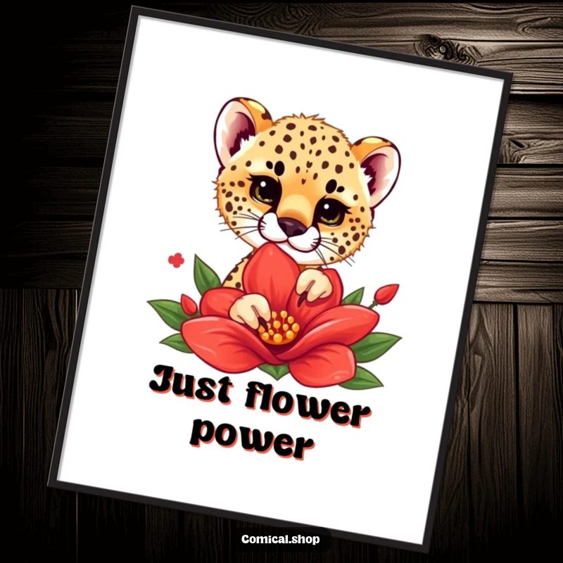 Funny digital art print of a cheetah cub playfully peeking out from behind a bright red flower, adding instant whimsy.