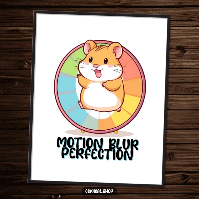 Funny digital art print of a delighted hamster sprinting on a colorful wheel, capturing pure motion and happiness.