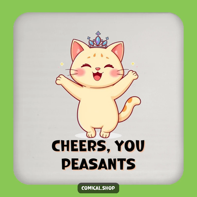 Protect your furniture with a touch of grace using this 'Funny Cat Tiara' drink coaster. This happy, twirling cat adds elegance to any surface.
