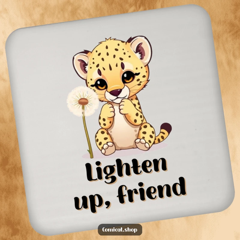 Funny drink coaster with a cheetah cub playfully batting at a dandelion, adding a humorous and cute element to beverage service.