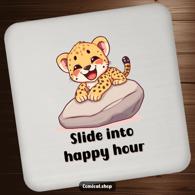 Funny drink coasters depicting a cheetah cub joyfully sliding down a rock with a happy yelp, adding a humorous touch.