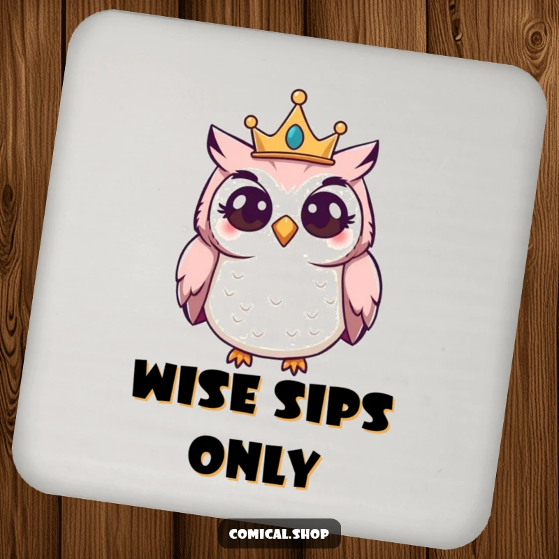Funny Owl Crown Coaster featuring a giggling owl wearing a small crown, peering curiously, protecting tables.