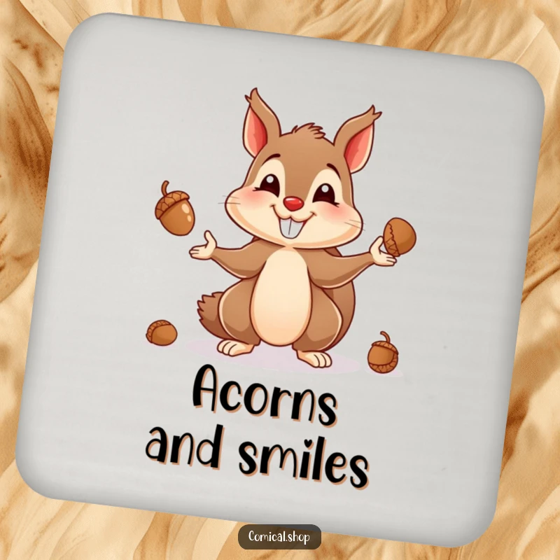 Funny drink coaster featuring a happy squirrel juggling acorns, perfect for protecting surfaces with playful flair.