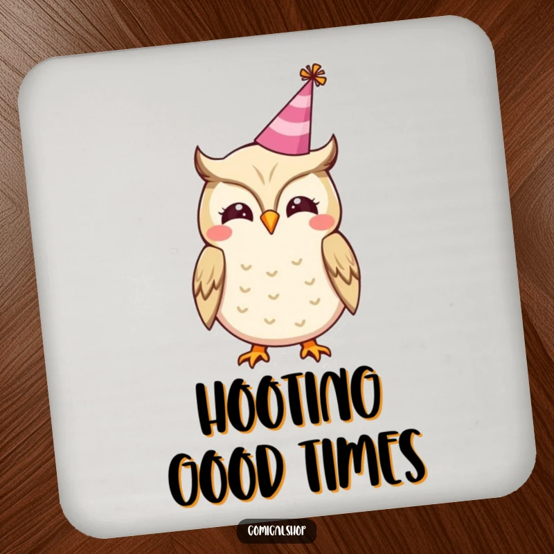 Funny drink coaster featuring a cheerful owl in a party hat, hooting happily, perfect for festive table protection.