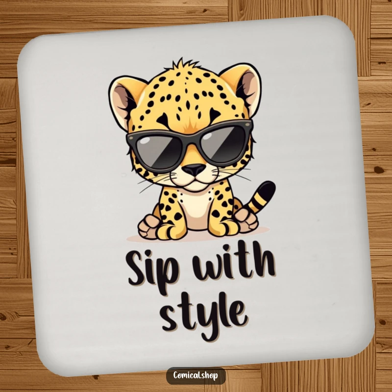 Funny cheetah cub coaster featuring a cool cub wearing oversized sunglasses, protecting tables with style.