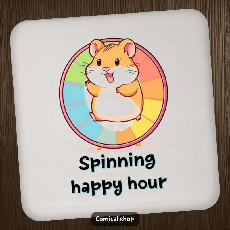 Funny drink coaster showing a happy hamster running on a vibrant wheel, a humorous addition to any surface.