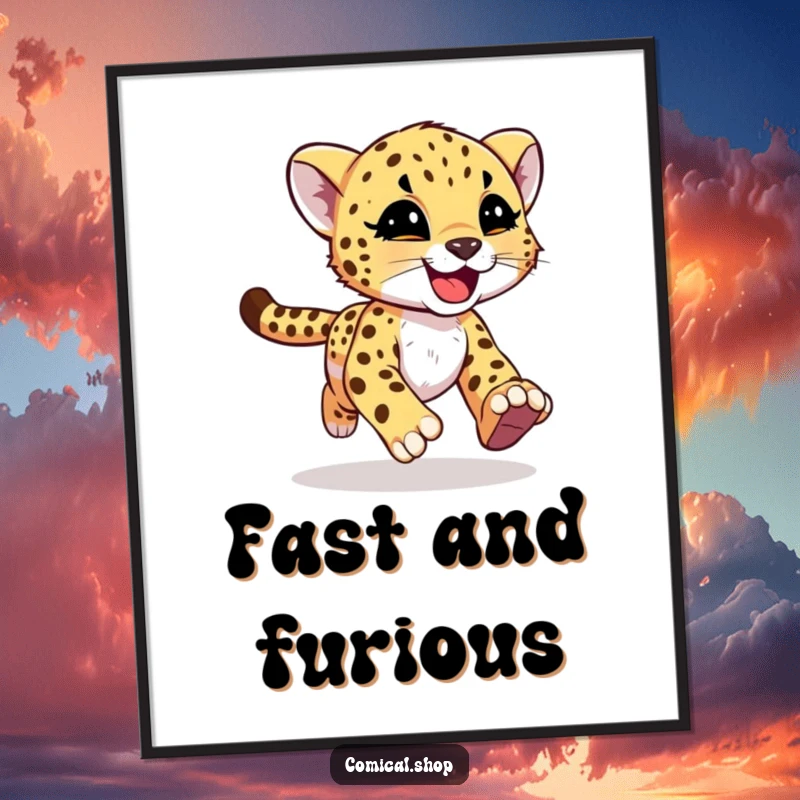Funny cheetah cub with joyful motion streaks running with abandon on a poster, conveying speed and happiness for screen readers.