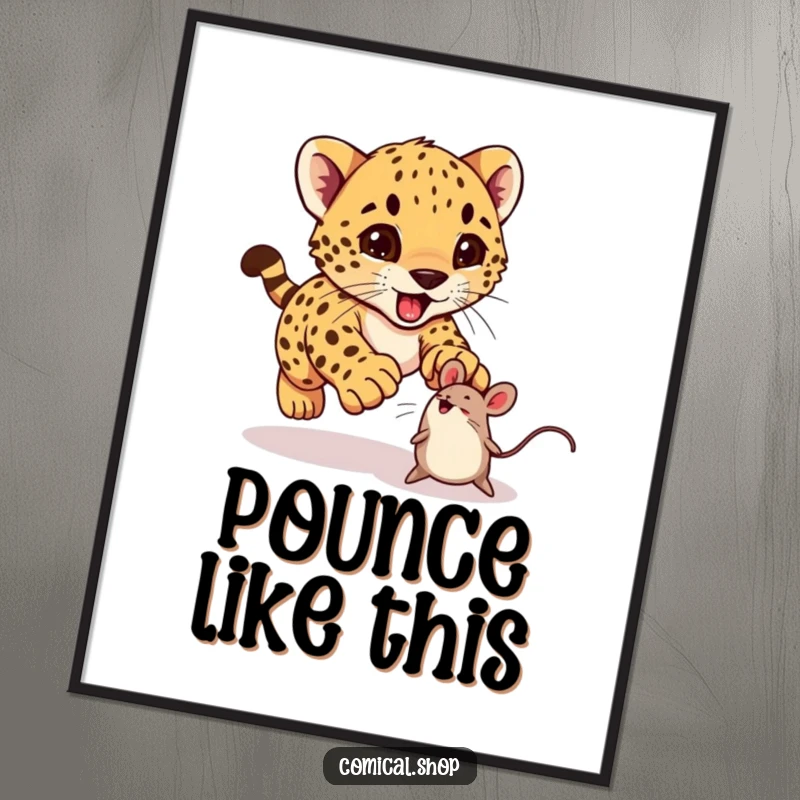 Funny cheetah cub excitedly pouncing on a bouncing toy mouse on a poster, great for wall art.
