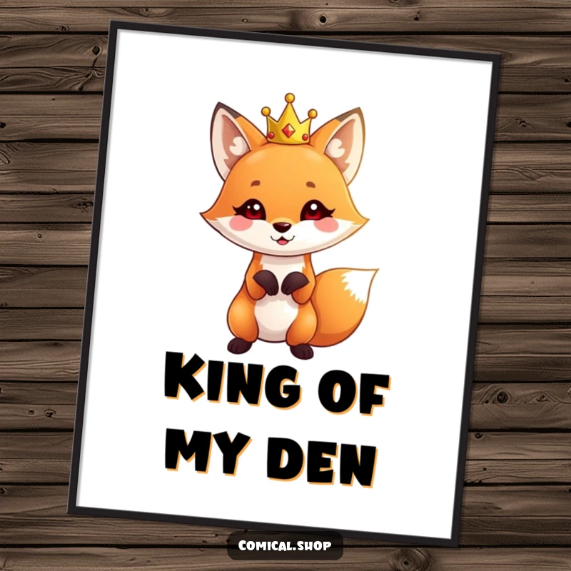 Funny Fox Crown Poster featuring a cute fox wearing a tiny crown, striking a playful pose, adding whimsical decor.