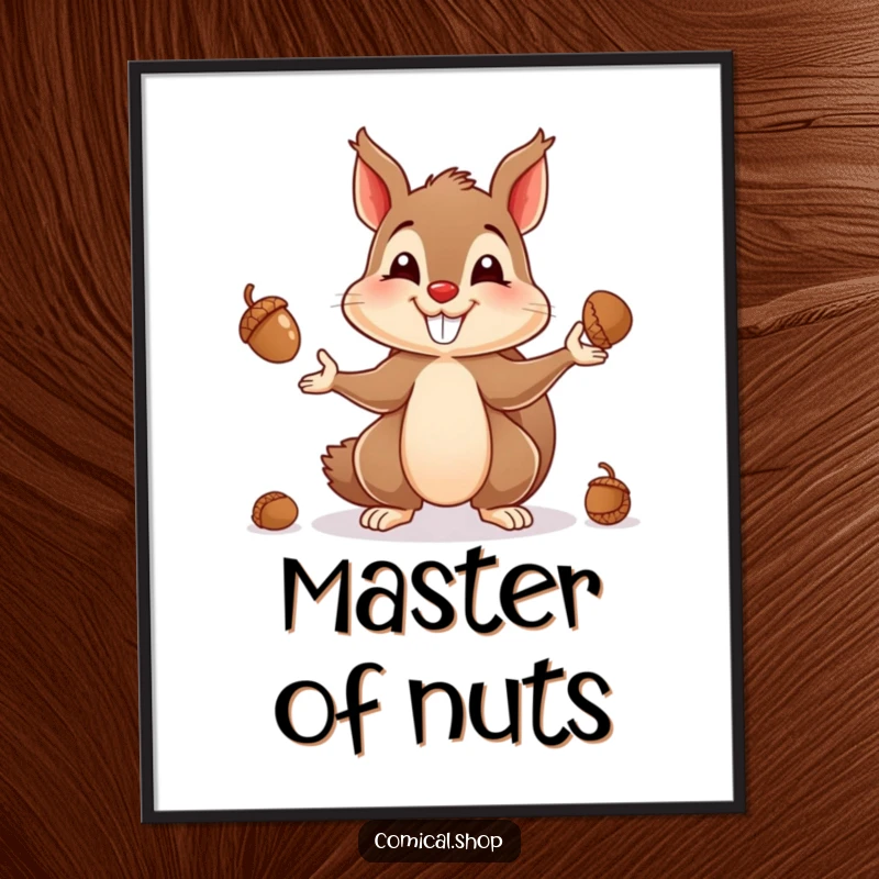 Funny poster of a grinning squirrel skillfully juggling acorns, adding a touch of playful mischief to any space.