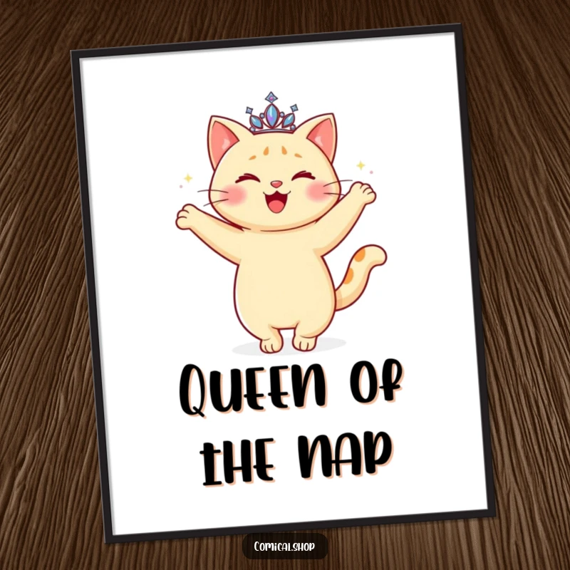 Funny Cat Tiara Poster depicting a happy cat with a sparkling tiara, doing a graceful twirl, adding artistic flair.