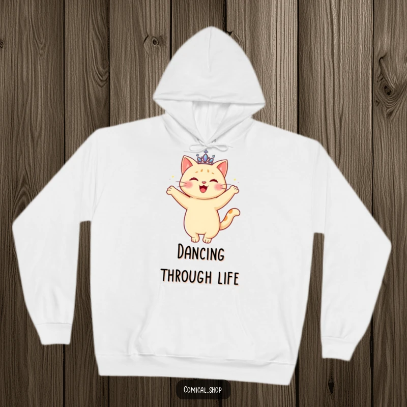 Funny Cat Tiara Hoodie featuring a happy cat with a sparkling tiara, doing a graceful twirl, perfect for cozy days.