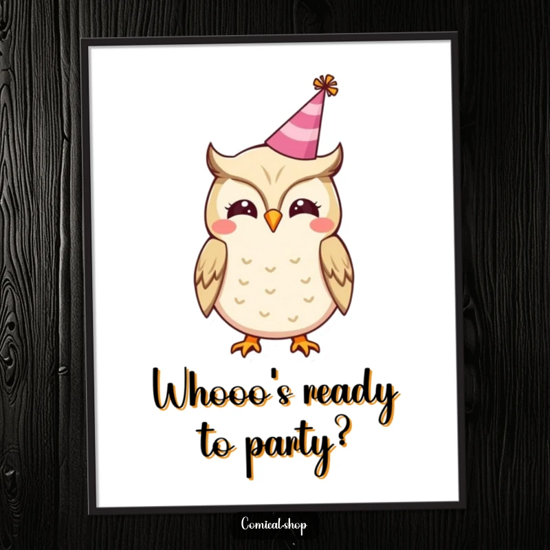 Funny Free Printable Wall Art: A cheerful owl sporting a tiny party hat hoots happily, bringing festive woodland vibes to your room.