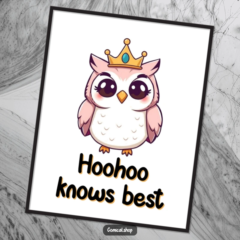Funny Free Printable Wall Art: Giggling owl wearing a small crown peering curiously, adding whimsical charm.