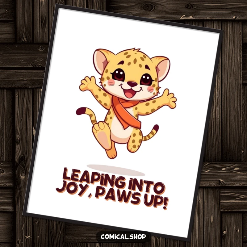 Funny Free Printable Wall Art: Happy cheetah cub with a sash performs a graceful leap, adding flair.