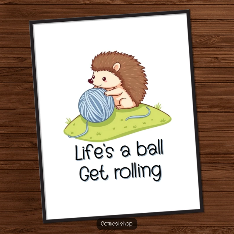 Funny Free Printable Wall Art: A small hedgehog joyfully rolls a huge ball of yarn down a hill, capturing a moment of playful woodland fun.