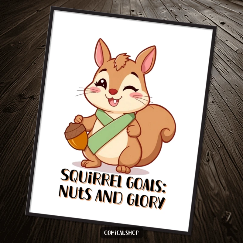 Funny Free Printable Wall Art: Cheerful squirrel wearing a sash holds a shiny acorn, bringing woodland charm.