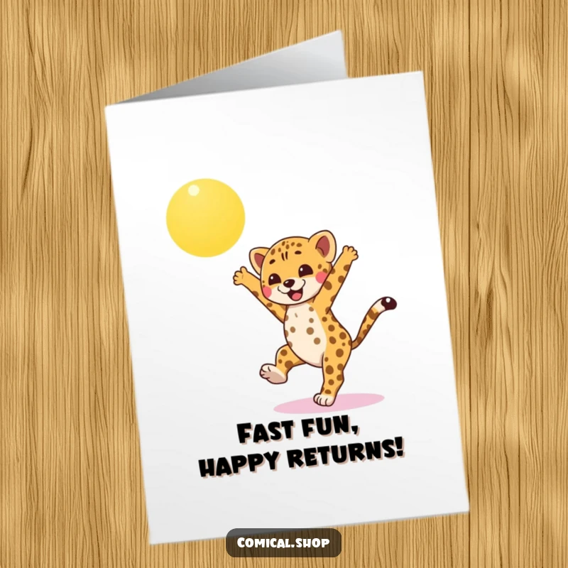 Funny Free Printable Birthday Card: Energetic cheetah cub doing a cartwheel with joy under the sun.