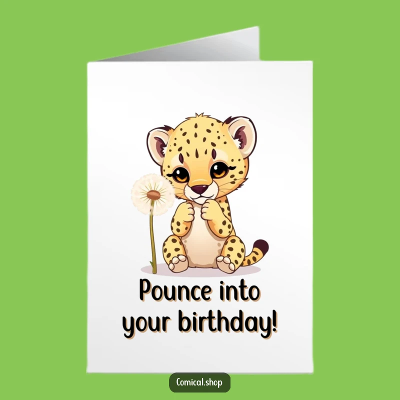 Free Printable Bday Card: Playful Cheetah Cub Dandelion Fun