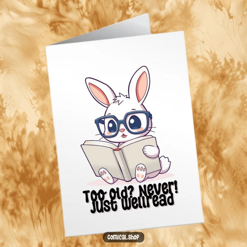 Funny Free Printable Birthday Card: Cute bunny with oversized glasses reads a giant book, conveying studious joy and birthday cheer.