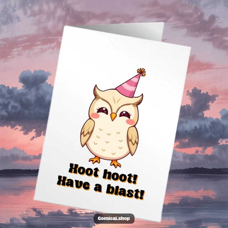 Funny Free Printable Birthday Card: A cheerful owl wearing a tiny party hat hoots joyfully, celebrating a happy birthday with downloadable delight.