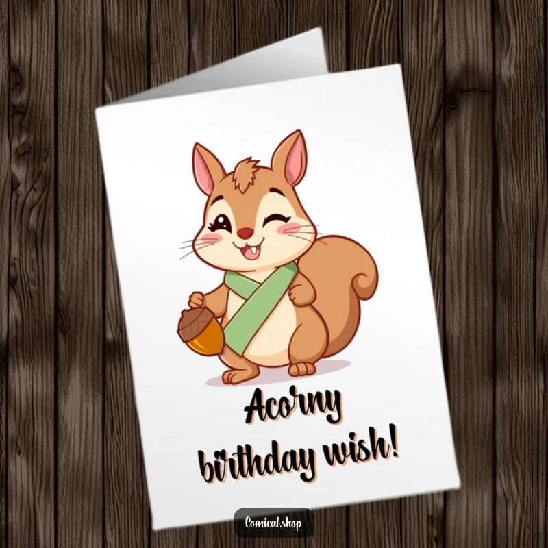 Funny Free Printable Birthday Card: Cheerful squirrel wearing a sash holds shiny acorn, wishing happy birthday.