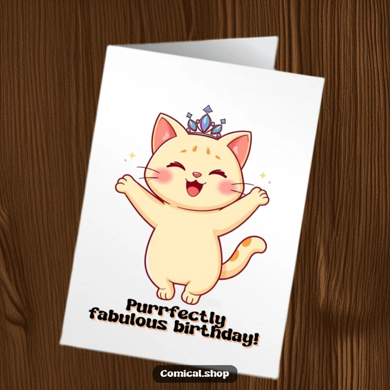 Funny Free Printable Birthday Card: Happy cat in a sparkling tiara doing a graceful twirl, celebrating joyfully.